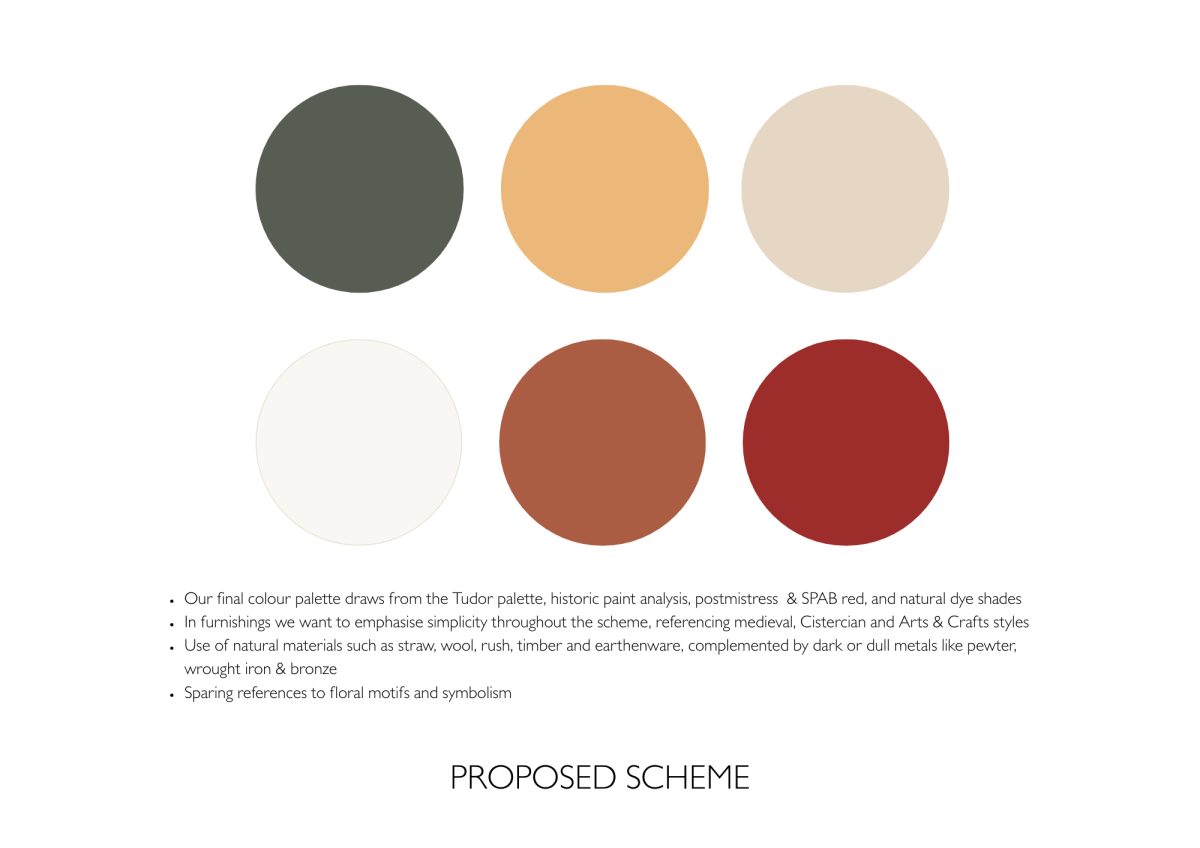 The proposed colour palette drawing on Tudor inspiration and natural tones