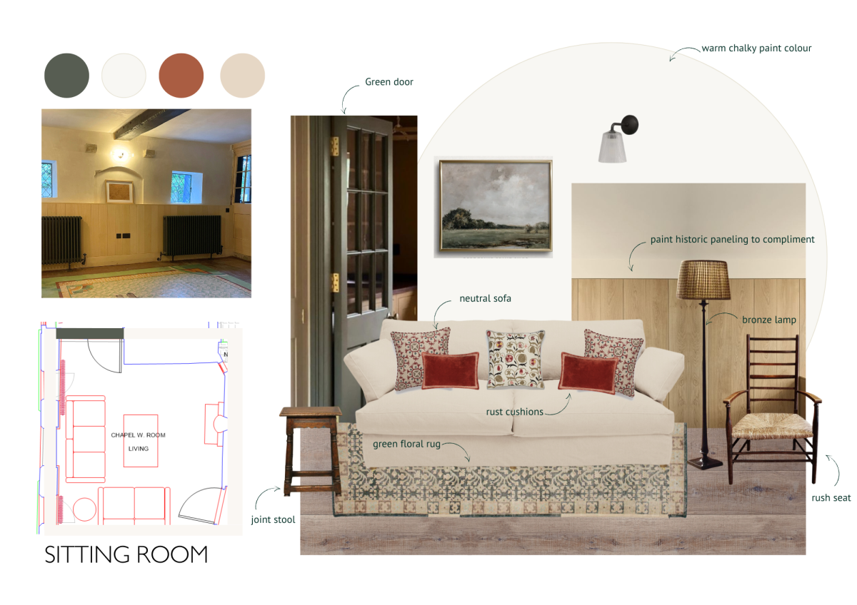 A mood board for the sitting room with furniture and fittings