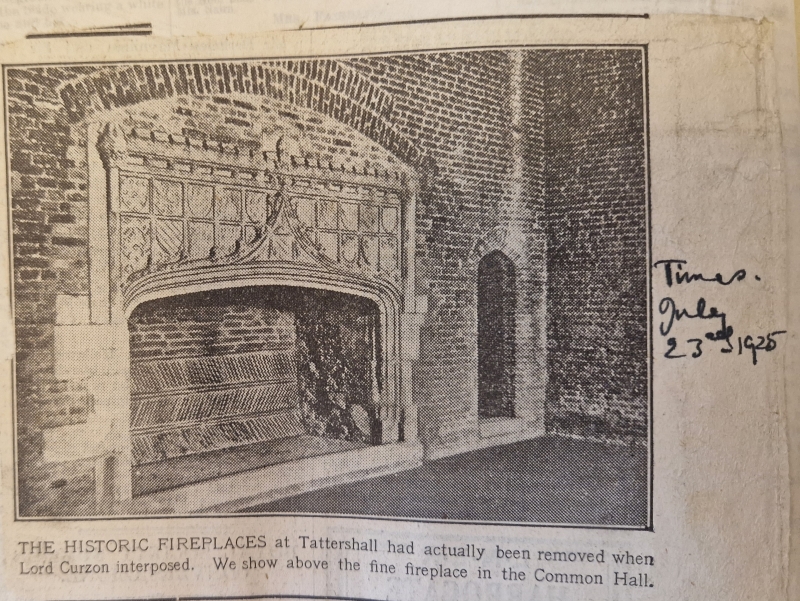 A newspaper clipping showing a drawing  one of the original historic fireplaces at Tattershall. It is wide and appears to be made from carved stone, set into a brick wall. 