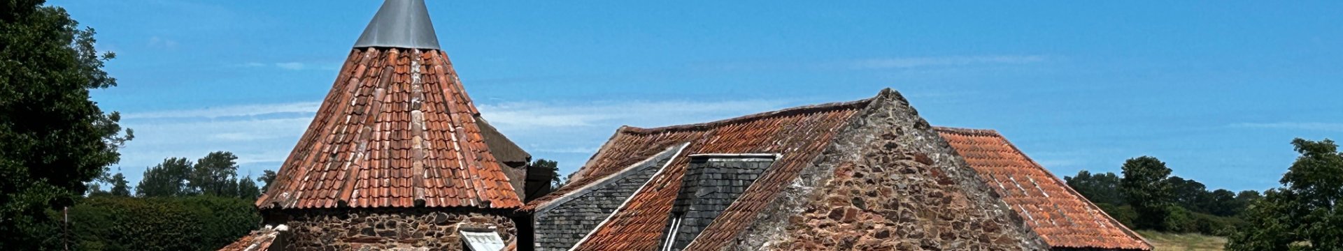 Preston Mill buildings in the grass setting. Blue sky