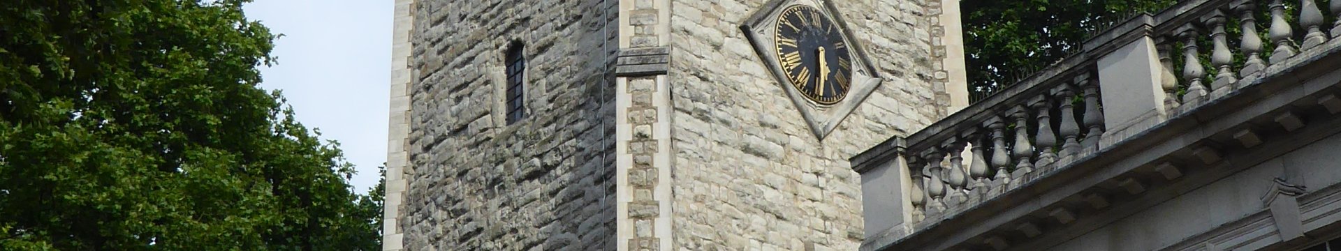 View of the church tower of St Augustines Hackney. Square tower.