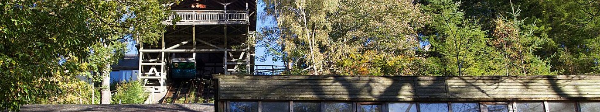 Centre for alternative technology buildings with sign in the foreground.