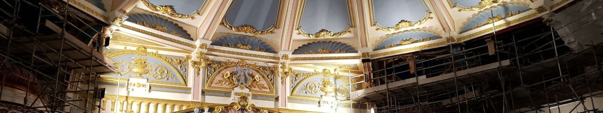 Brighton Hippodrome interior lit from below with scaffolding