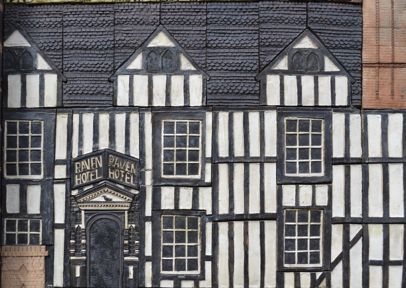 Detail from Droitwich Town Mural 1976 showing the Raven Hotel as part of the townscape