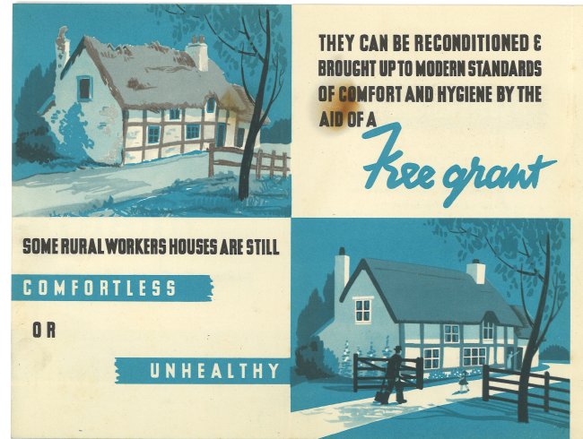 A poster with images of a poorly maintained cottage and the same after repair