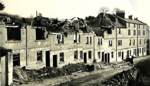 A row of ruined terraced houses
