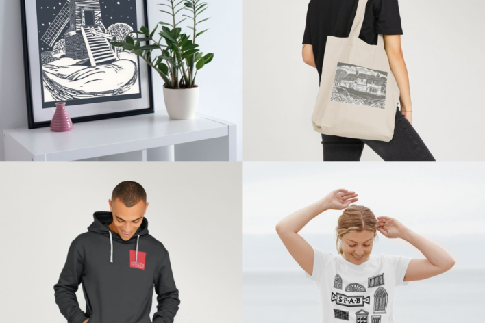 Grid of four items in the SPAB merchandise store. A print, a bag a hoodie and a t-shirt
